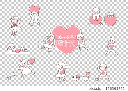 ピンクのハートと子供や動物の可愛い手書きイラストセット｜優しさと幸せを表現 136393832