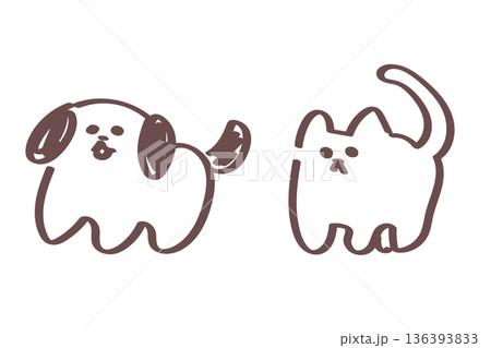ゆる可愛い線画の犬と猫|シンプルで癒されるイラスト ゆる可愛い線画の犬と猫|シンプルで癒されるイラスト 136393833