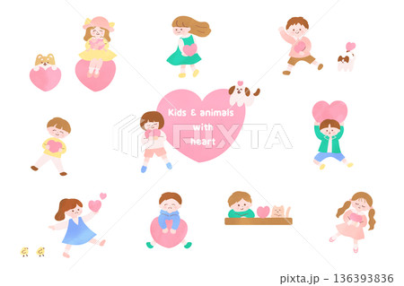 ハートを持つ子供と動物たちの絵本タッチのイラスト｜愛情・思いやり・友情のコンセプト 136393836