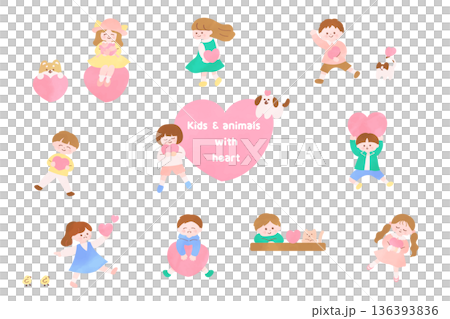 ハートを持つ子供と動物たちの絵本タッチのイラスト｜愛情・思いやり・友情のコンセプト 136393836