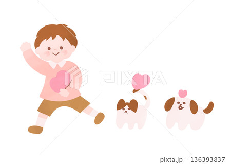 ハートを持った男の子と猫と犬｜動物愛護のイメージイラスト 136393837