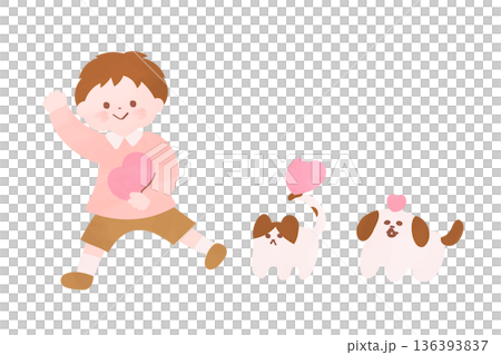 ハートを持った男の子と猫と犬｜動物愛護のイメージイラスト 136393837
