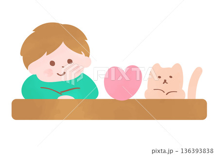 机に腕を乗せてハートを眺める男の子と猫のイラスト|幸せをイメージしたイラスト 机に腕を乗せてハートを眺める男の子と猫のイラスト|幸せをイメージしたイラスト 136393838