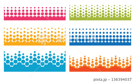 A collection of colorful dotted halftone seamless borders or banners with an abstract, dynamic dot design. A collection of colorful dotted halftone seamless borders or banners with an abstract, dynamic dot design. 136394037