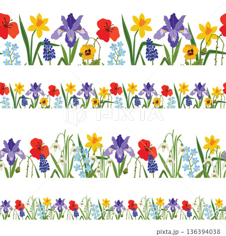 Seamless horizontal floral borders set featuring vibrant spring flowers like tulips, irises, daffodils, snowdrops and forget-me-nots. Seamless horizontal floral borders set featuring vibrant spring flowers like tulips, irises, daffodils, snowdrops and forget-me-nots. 136394038