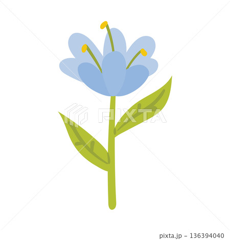 A simple, cheerful cartoon illustration of a single blue flower with a green stem and leaves. A simple, cheerful cartoon illustration of a single blue flower with a green stem and leaves. 136394040