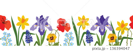 Horizontal seamless border with colorful spring flowers like irises, daffodils, poppies, and pansies. 136394047