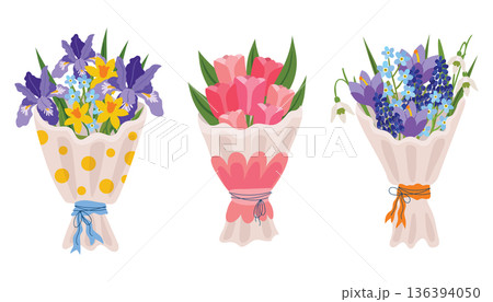 Set of three spring flower bouquets wrapped in decorative paper. Set of three spring flower bouquets wrapped in decorative paper. 136394050