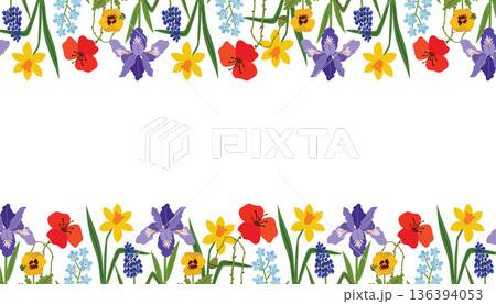 Spring flower border featuring irises, poppies, daffodils, pansies, and grape hyacinth. 136394053