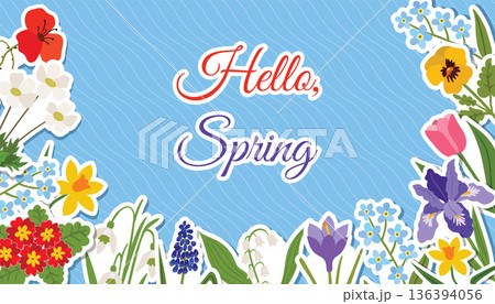 Colorful Hello Spring banner, poster or greeting card with floral stickers. 136394056