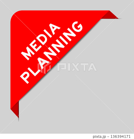 Red color of corner label banner with word media planning on gray background 136394171