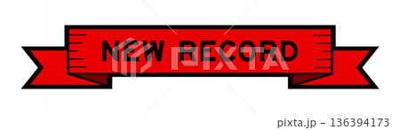 Red ribbon label banner with word new record on white background Red ribbon label banner with word new record on white background 136394173