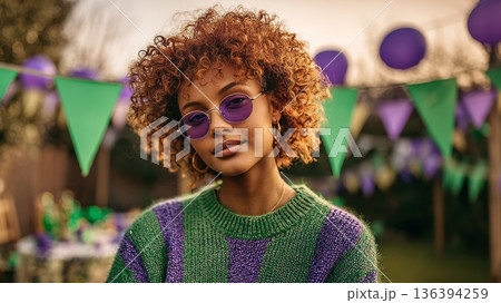 Portrait of a young African woman with curly hair, wearing purple sunglasses and a green sweater. Colorful decorations in the background suggest a festive atmosphere. 136394259
