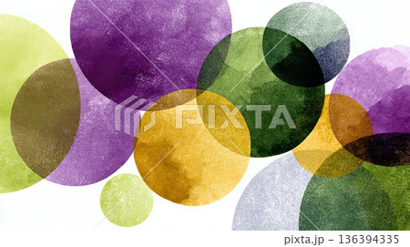 Abstract background with overlapping translucent circles in purple, green, and gold colors representing Mardi Gras carnival and farewell to winter. 136394335