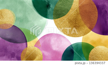 Abstract background with colorful circles in green, purple, gold, and pink. Represents Mardi Gras and the carnival spirit, celebrating the farewell to winter. 136394337