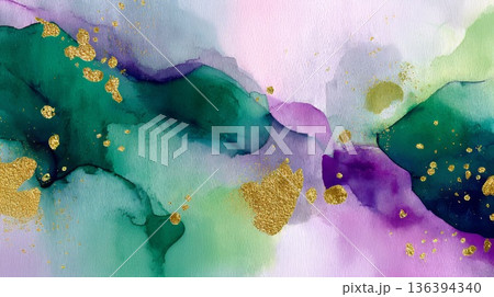 Abstract background with vibrant colors in green, purple, and gold. Represents Mardi Gras and the carnival spirit, symbolizing farewell to winter. 136394340