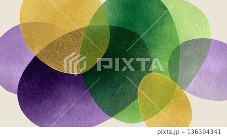 Abstract background with overlapping shapes in green, purple, and gold. Represents Mardi Gras and the carnival spirit, symbolizing farewell to winter. 136394341