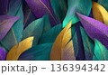 Colorful abstract background with vibrant green, purple, and gold leaves. Represents Mardi Gras and the carnival spirit, symbolizing farewell to winter. 136394342