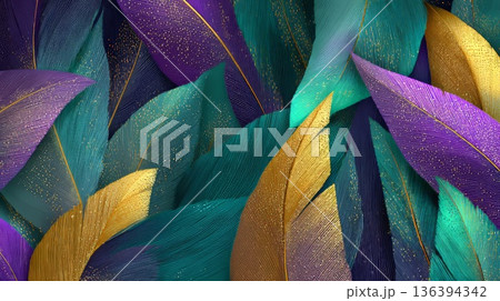 Colorful abstract background with vibrant green, purple, and gold leaves. Represents Mardi Gras and the carnival spirit, symbolizing farewell to winter. 136394342