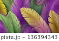 Colorful feathers in shades of purple, green, and yellow create an abstract background. Represents Mardi Gras and the carnival spirit, symbolizing farewell to winter. 136394343