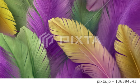 Colorful feathers in shades of purple, green, and yellow create an abstract background. Represents Mardi Gras and the carnival spirit, symbolizing farewell to winter. 136394343