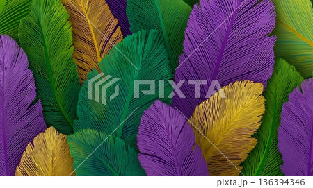 Colorful feathers in green, purple, and gold create an abstract background for Mardi Gras, symbolizing carnival and the farewell to winter. 136394346