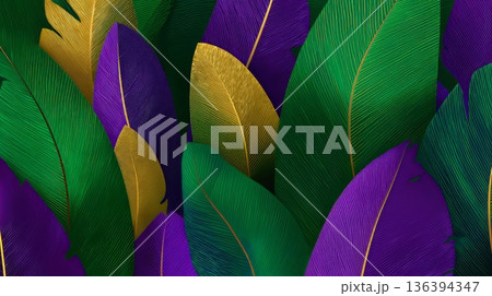 Colorful abstract background with green, purple, and gold leaves. Represents Mardi Gras and the carnival spirit, symbolizing a farewell to winter. 136394347