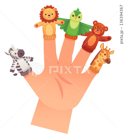 Animal toy puppet on human fingers. Child play Animal toy puppet on human fingers. Child play 136394367