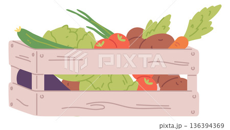 Vegetable harvest. Organic farm food in wooden box 136394369