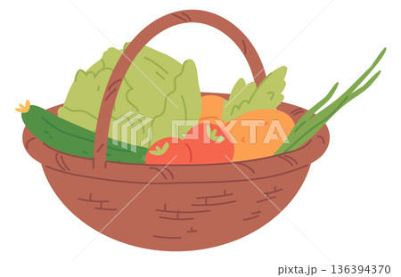 Basket with fresh vegetables. Organic food harvest drawing Basket with fresh vegetables. Organic food harvest drawing 136394370