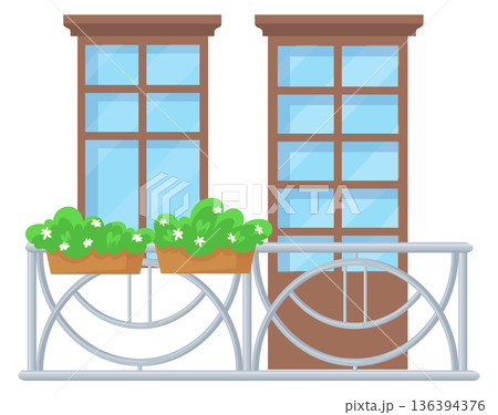 City building balcony. Apartment greenery decoration element 136394376