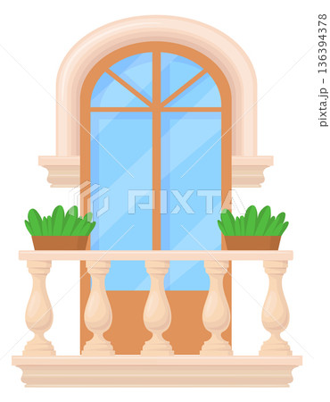 Vintage balcony with stone balustrade. Building front view 136394378