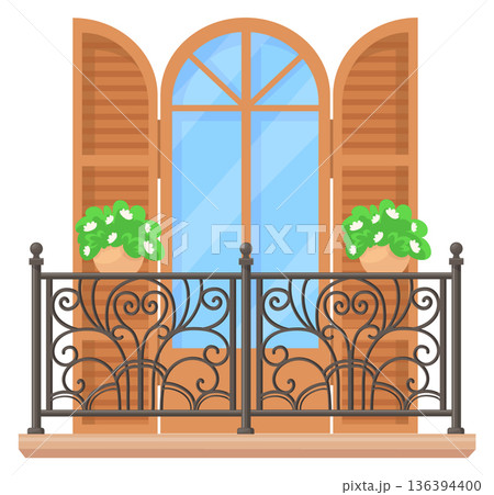 Cute apartment balcony. Wooden shatters in european style Cute apartment balcony. Wooden shatters in european style 136394400