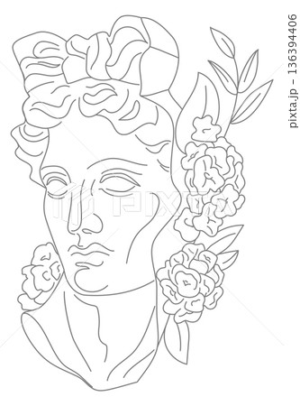 Antique culture goddess. Female head portrait in floral decoration 136394406