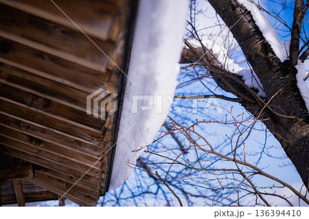 晴れた日の落雪の危険：屋根から滑り落ちそうな雪の塊と青空 136394410