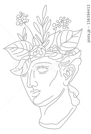Greek head sculpture in decorative flowers. Blooming statue Greek head sculpture in decorative flowers. Blooming statue 136394413