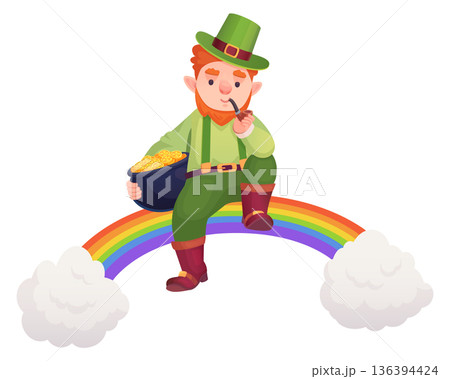 Leprechaun sit on rainbow with golden pot. Irish myth treasure Leprechaun sit on rainbow with golden pot. Irish myth treasure 136394424