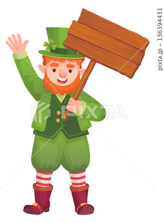 Leprechaun with blank signboard. Irish banner cartoon template 136394431