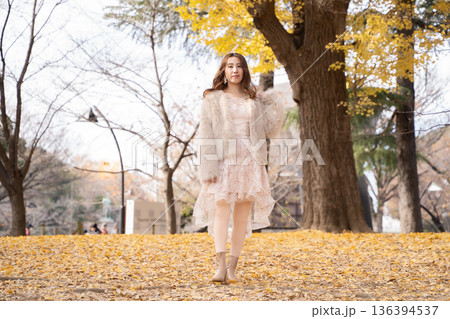 秋の公園を歩く女性 136394537