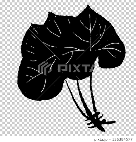 複数のわさびの葉のモノクロイラスト ハート型の葉のシルエット 複数のわさびの葉のモノクロイラスト ハート型の葉のシルエット 136394577