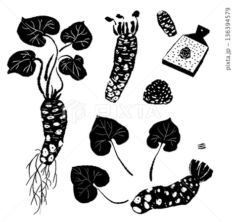 わさびと薬味のセットモノクロイラスト 根・葉・おろし金・大葉・ゴマの詰め合わせ わさびと薬味のセットモノクロイラスト 根・葉・おろし金・大葉・ゴマの詰め合わせ 136394579