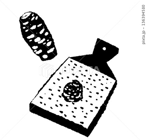 鮫皮おろしとわさびのモノクロイラスト すりおろし道具と薬味のシルエット 鮫皮おろしとわさびのモノクロイラスト すりおろし道具と薬味のシルエット 136394580