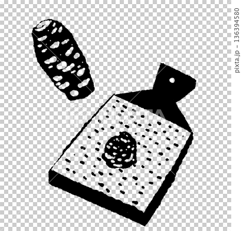 鮫皮おろしとわさびのモノクロイラスト すりおろし道具と薬味のシルエット 鮫皮おろしとわさびのモノクロイラスト すりおろし道具と薬味のシルエット 136394580