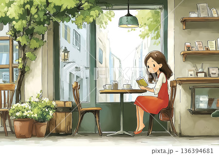 カフェ店内で本を読む女性｜窓辺の静かな読書時間 136394681