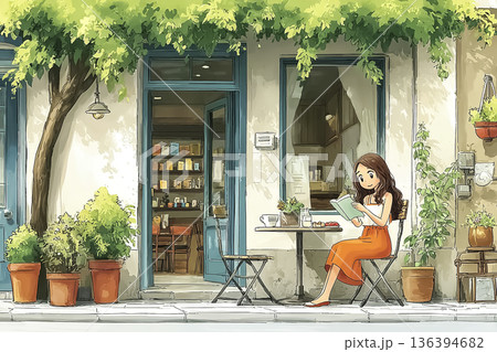 緑に囲まれたカフェ前で本を読む女性｜ゆったり過ごす午後 136394682