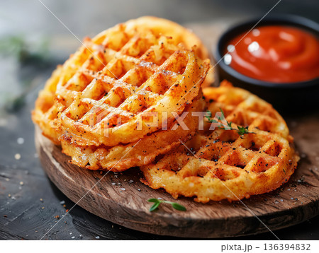 Premium crispy potato waffles served with sauce. Waffle fries with spicy dip. Gourmet street food. Fast-food snack menu, cafes, delivery services, commercial food marketing. Luxury presentation. Premium crispy potato waffles served with sauce. Waffle fries with spicy dip. Gourmet street food. Fast-food snack menu, cafes, delivery services, commercial food marketing. Luxury presentation. 136394832
