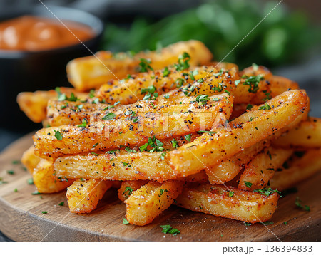 Premium seasoned French fries or potato chips with herbs served on wooden board. Gourmet street food. Upscale fast-food menu, takeaway branding, delivery platform and casual dining advertising. 136394833