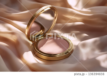 Gold compact mirror with pink blush on silk fabric. Decorative cosmetics accessories, luxury beauty lifestyle. Fashion concepts, elegant cosmetic, beauty woman, professional makeup artistry. Gold compact mirror with pink blush on silk fabric. Decorative cosmetics accessories, luxury beauty lifestyle. Fashion concepts, elegant cosmetic, beauty woman, professional makeup artistry. 136394838
