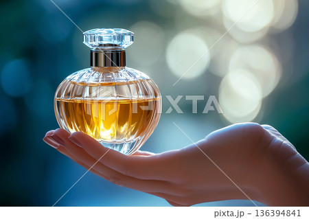 Luxury perfume bottle held in female hand with soft bokeh background. Premium beauty, fragrance storytelling concept. Lifestyle branding, fashion concepts, cosmetic and emotional luxury visuals. Luxury perfume bottle held in female hand with soft bokeh background. Premium beauty, fragrance storytelling concept. Lifestyle branding, fashion concepts, cosmetic and emotional luxury visuals. 136394841