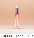 Minimal luxury lip gloss bottle on soft beige gradient background. Lip shine, glaze, plumper, jelly, oil. Premium beauty concept, decorative cosmetics, modern makeup, elegant high end product visuals. 136394843